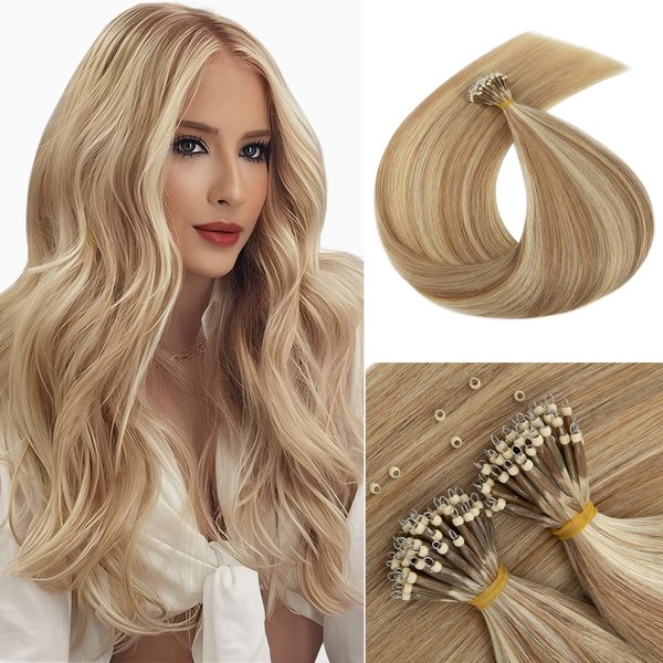 MY-LADY Nano Bead Hair Extensions Human Hair Invisible Nano Ring Hair Extensions Pre Bonded Cold Fushion Natural Nano Tips Extensions 50 Strands 50g 16 Inch #12P613 Golden Brown&Bleach Blonde