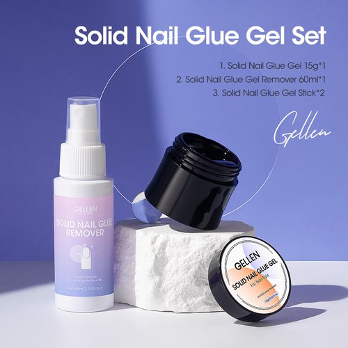 Gellen Solid Gel Nail Glue with Nail Glue Remover Set 15g Solid Nail Glue Gel for Press On Nails Acrylic Nails 60ml Soft Gel Nail Tips Glue Remover UV Lamp Gel Glue for Nails