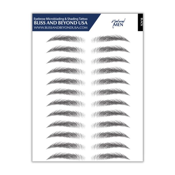 Bliss and Beyond USA | Men Waterproof Eyebrow Tattoo Stickers. A real hair stroke look. Hair replacement without surgery. Solution for hair loss. Bushy Tinted eyebrow tattoos. (MEN) (Standard, Black)