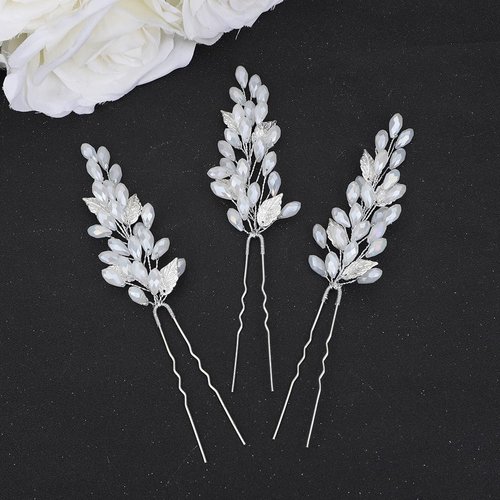 Teyglen 3pcs Bride Wedding Hair Pins Set Opal Crystal Bridal Hair Pins Clips Silver Leaf Rhinestone Hair Piece Wedding Hair Accessories for Women Girls