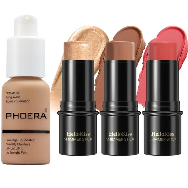 PHOERA Foundation,3 PCS Contour Stick Makeup Kit,Shades with Highlighter Stick,Blush Stick and Bronzer Contour,PHOERA Makeup Wrinkles Matte Natural Finish (105+ Medium Contour/Sand+#04,#07,#14)