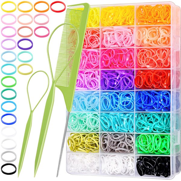 TsMADDTs 24 Colors Rubber Bands, 2000 Pcs Elastic Hair Ties with Organizer Box, Hair Rubber Bands with Hair Tail Tools and Comb, Hair Accessories for Girls Kids Baby Toddler