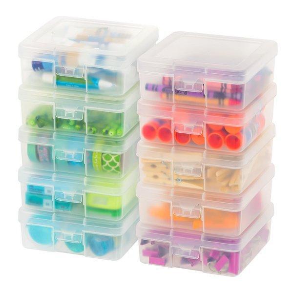 IRIS USA Plastic Pencil Case Box Craft Hobby Art School Supply Storage Organizer Container with Latching Lid, 10-Pack, for Bead Pens Ribbons Wahi Tape Sticker Yarn Ornaments, Stackable, Clear, Small