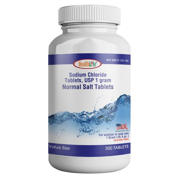 Health life Sodium Chloride Tablets 1 gm, USP | 300 Count | Normal Salt Tablets | Sodium Mineral Supplement (15.4gr.) | Electrolytes Replenisher Hydration Drink