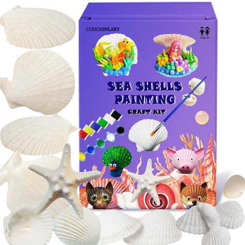 COUCHINLARY DIY Natural Sea Shells Painting Kit Starfish for Kits Children Arts&Crafts Kits Presents Gifts for Girls Boys Age 4+ Year Old 4-12 DIY Painting with Watercolor Paints