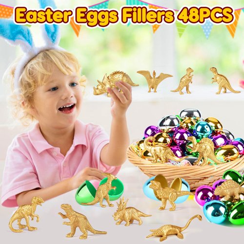Gold Plastic Mini Dinosaur Figures Toys 48PCS Party Favors Supplies Birthday Dino Cupcake Toppers Kids Classroom Prizes Box Toddler Halloween Boy Girl Goodie Bags Stuffers Pinata Filler Treasure Chest
