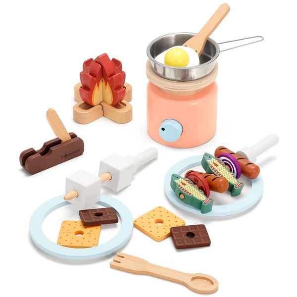 Pillowhale Wooden Camping Toys, Pretend Play Toys Campfire with Kids Grill Playset, 25pcs Kids Play Food Toy Set, Outdoor Play Toys for Toddler Boys and Girls Ages 3+