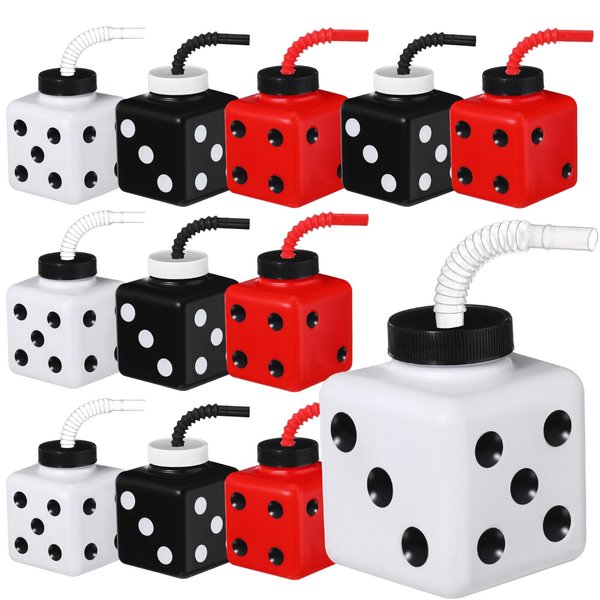 Yaomiao 12 Pieces Casino Party Favor Gift Supplies Cup with Straws and Lids,10 oz Plastic Dice Shape Casino Party Decoration Cups Bulk for Casino Game Night Party Kids Theme Party Favors(Dice)