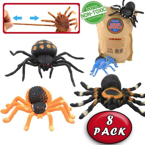 8 Pack 5 inch Realistic Rubber Spider Toy, Black Spiders Toys Set, Super Stretches Material TPR, Smelless Halloween Decoration Party Favors Gag Novelty Practical Jokes for Kids