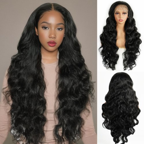 MISS FANCY 32 Inch Black Lace Front Wigs For Women 13X6 HD Frontal Lace Body Wave Wigs Long Curly Daily Replacement Wigs Natural Hairline Synthetic Glueless Wig Pre Cut With Baby Hair Wear and Go