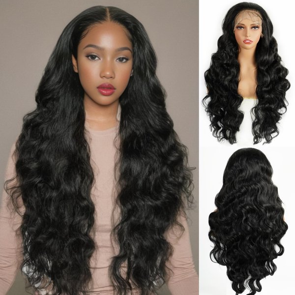 MISS FANCY 32 Inch Black Lace Front Wigs For Women 13X6 HD Frontal Lace Body Wave Wigs Long Curly Daily Replacement Wigs Natural Hairline Synthetic Glueless Wig Pre Cut With Baby Hair Wear and Go