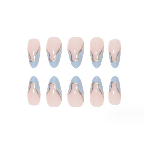 Gifiky Short False Nails Almond Press on Nails French Nails Tips Full Cover Swirl Fake Nails for Women and Girls 24Pcs