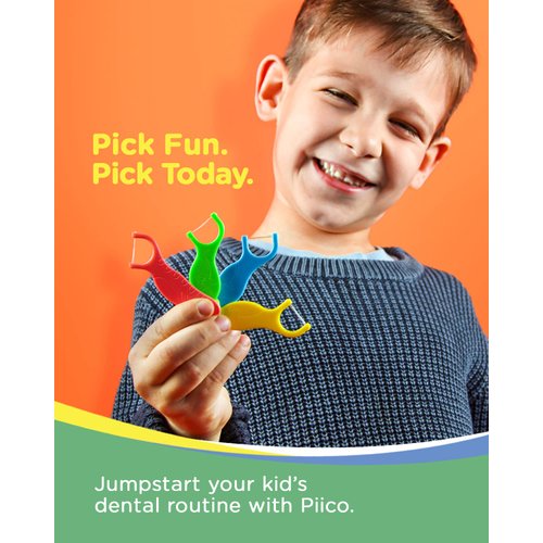 Piico Unflavored Kids Floss - No Fluoride Dual Line Dental Floss Picks - Fun Oral Care in Colorful Floss Sticks Design - Kids Flossers Avoid Tooth Decay & Gum Disease - 80 Count Dino
