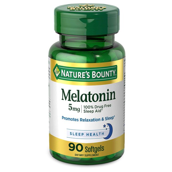 Nature's Bounty Melatonin, 100% Drug Free Sleep Aid, Dietary Supplement, Promotes Relaxation and Sleep Health, 5mg, 90 Softgels