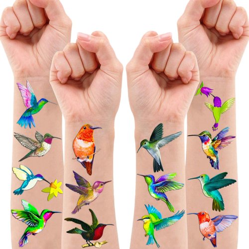 96PCS Colorful Hummingbird Temporary Tattoos Themed Birthday Party Decorations Favors Supplies Decor Spring Flying Nature Bird Tattoo Stickers Gifts For Kids Adults Boys Girls School Prizes Carnival
