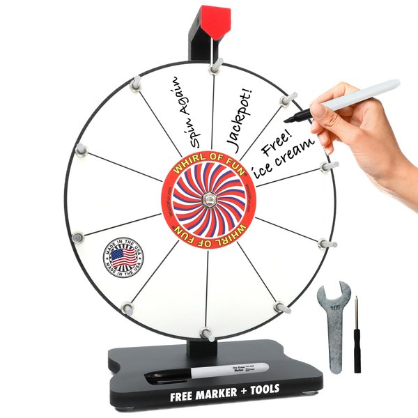 Whirl of Fun 12 Inch White Prize Wheel-Spinning Wheel for Prizes with Stand, 10 Slots, Customize Erasable Whiteboard Surface, Portable, Tools and Marker Included, Made in USA