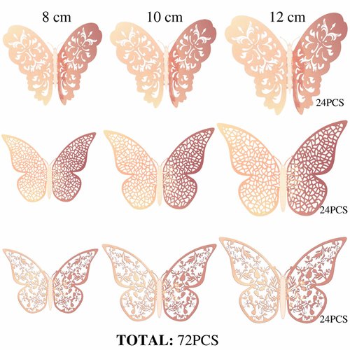 72 Pieces 3D Butterfly Wall Decals Sticker Wall Decal Decor Art Decorations Sticker Set 3 Sizes for Room Home Nursery Classroom Offices Kids Girl Boy Bedroom Bathroom Living Room Decor (Rose Gold)