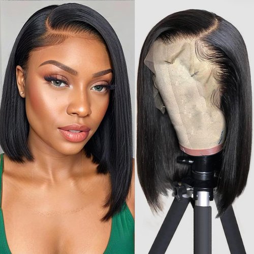 DXFZPGS Bob Wig Human Hair 13x6 Frontal Lace Wig HD Transparent Lace Front Wigs Human Hair 180% Density Straight Short Human Hair Wigs for Black Women Glueless Wigs Pre Plucked Blunt Cut Wig 12 Inch