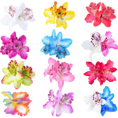 Lawie 12 Pack Fake Artificial Silk Orchid Flower Hair Clips Floral Barrettes With Alligator Brooch Pins Tropical Hair Pieces Tailand Beach Holiday Wedding Hairstyle Hawaiian Party for Women Girl