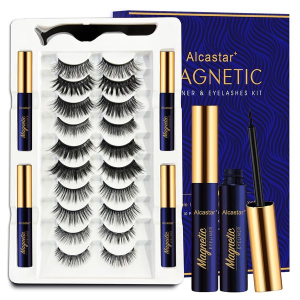 Magnetic Eyelashes with Eyeliner Kit, Magnetic Lashes Kit with Applicator, Most Natural Looking,Strongest Waterproof, Reusable Magnet False Lashes Easy to Use.(10 Pairs & 4 Liner)