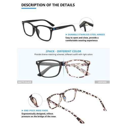 livho 2 Pack Blue Light Blocking Glasses, Computer Reading/Gaming/TV/Phones Glasses for Women Men,Anti Eyestrain & UV Glare (Matte Black+Leopord)