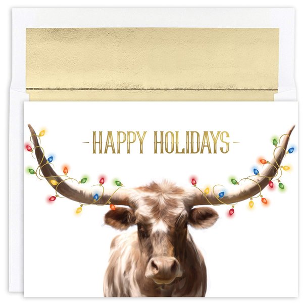 Masterpiece Studios Warmest Wishes 18-Count Christmas Cards with Foil-Lined Envelopes, 7.8" x 5.6", Longhorn Steer in Lights