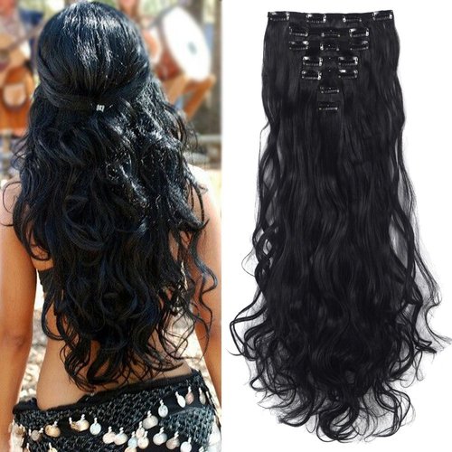 Lelinta 24" Thick Curly Full Head Clip in on Double Weft Hair Extensions Natural Black