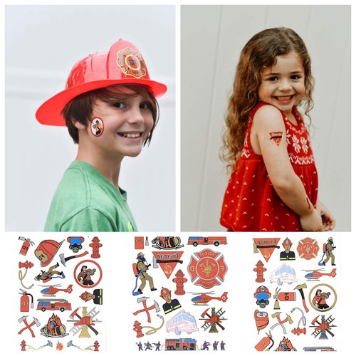 Firefighter Temporary Tattoos | 152 Tattoos on 8 Sheets | For Party Favors | Fire Fighter Party Supplies | Fire Man Birthday Parties | Metallic Fireman Tattoos | For Kids and Adults | By John & Judy