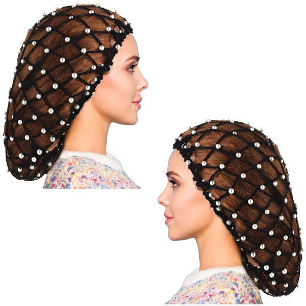 MTLEE 2 Pieces Mesh Crochet Hair Net Rayon Knit Snood with Pearl Crocheted Sleeping Cap Hair Wrap Hair Cover Ornament for Long Short Curls Hair(Black)