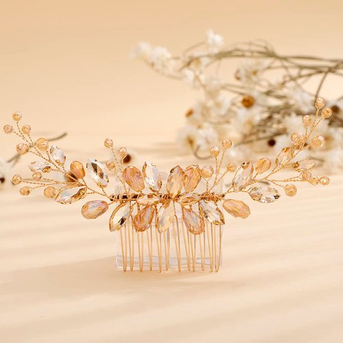 Teyglen Bridal Champagne Rhinestone Crystal Hair Comb Headband Handmade Wedding Hair Pieces for Bride Floral Headpieces Hair Accessories for Women Girls (Champagne)