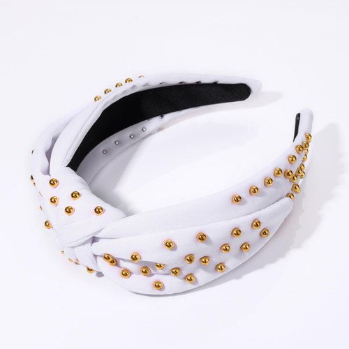 ZITULRY Knotted Headband for Women Gold Round Metal Beads Embellished Wide Top Knot Hairband Statement Women's Fashion Headbands Hair Accessories for Girls Ladies Holiday Birthday Party (White)