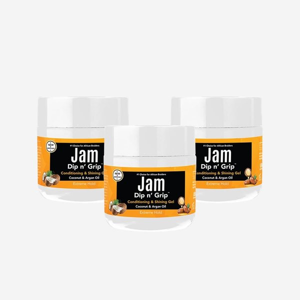 Jam Dip n Grip Hair Care Conditioning & Shining Gel Extreme Hold, High Shine, Tames Frizz Hair Gel With Argan and Coconut Oil Hair Gel For All Hair Types 4oz (Pack of 3)