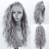 RONGDUOYI Silver Grey Long Curly Synthetic Lace Front Wigs for Women Free Part Pre Plucked Natural Hairline Lace Front Synthetic Cosplay Wigs Glueless Daily Wear Costume Wig 24 Inches