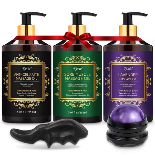 Pjordo 3 Pack Massage Oil for Massage Therapy, Lavender Oil for Relaxation, Sore Muscle Arnica Oil & Cellulite Massage Oil, with Massage Roller Ball & Thumb Saver Massage Tool, Massage Kit for Him Her
