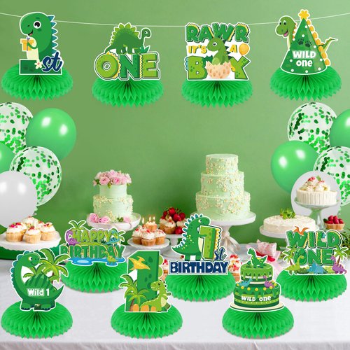 Dinosaur First Birthday Decorations for Kids 10 Pcs Green Dinosaur 1st Birthday Honeycomb Centerpieces for Table Decor 1st Birthday Table Topper for Baby Show 1st Birthday Anniversary Party Supplies