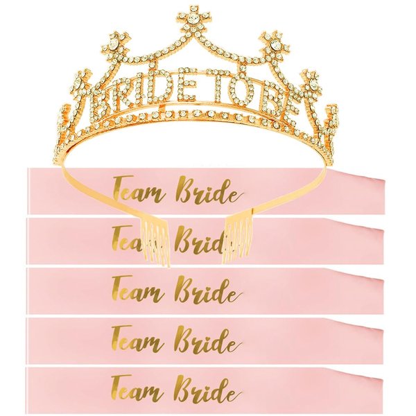 Bride To Be Crown Bride To Be Headband Bride To Be Tiara for Bachelorette Bridal Shower Party Favors Decoration, 1 Bride To Be Tiara Crown Headband with 5 Team Bride Sash Outfit Accessories Gift