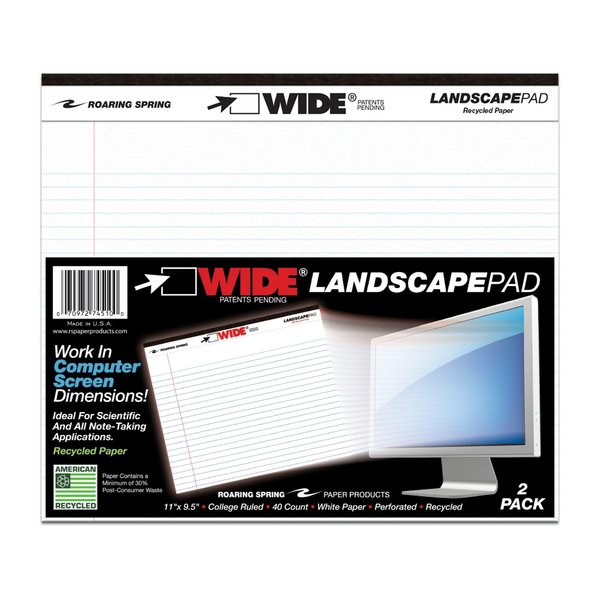 Roaring Spring Wide Recycled Landscape Legal Pads, College Rule, 11" x 9.5", 40 Sheets, White, 2 Pack, Made in USA