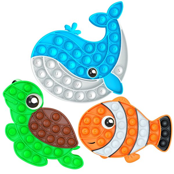 3 Pack Sensory Fidget Poppers Push Bubble Toy, Silicone Squeeze Autism Anxiety Stress Relief Educational Popping Toys for Kids Adults - Clown Fish, Whale, Turtle