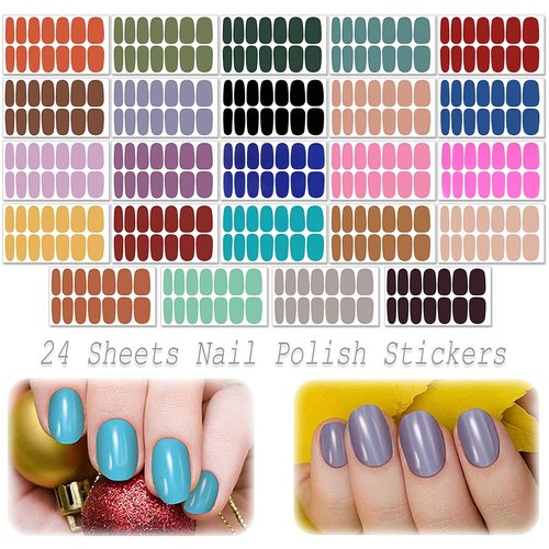 Nail Polish Strips Solid Color, DANNEASY 24 Sheets Adhesive Nail Polish Stickers Nail Wraps for Women 1Pc Nail File, Cuticle Stick