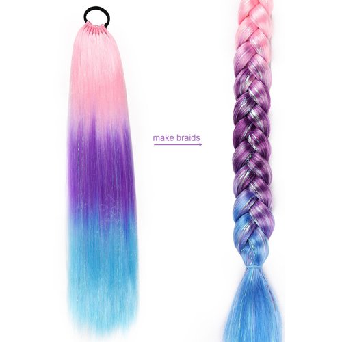Ponytail Extension With Hair Tie 26 inch Colored Hair Extensions for Braiding Colorful Ombre Pony Tail Hair Extensions for Braids Rainbow Festival Rave Crazy Hair Day 1 Pack Pink Purple Blue