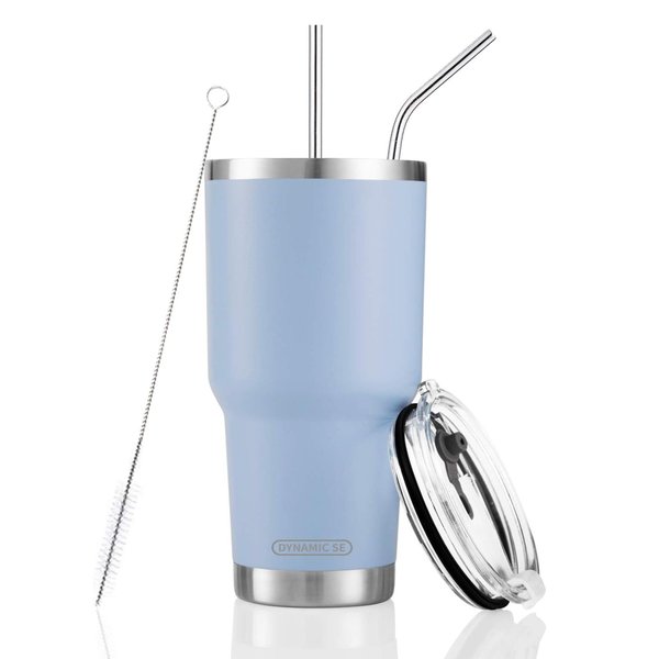 30oz Blue Tumbler Stainless Steel Double Wall Vacuum Insulated Mug with Straw and Lid, Cleaning Brush for Cold and Hot Beverages
