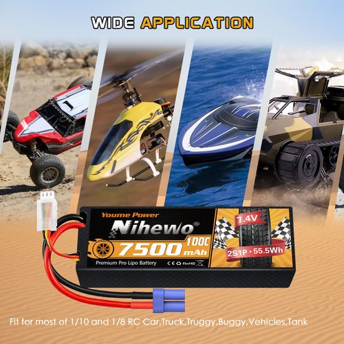 Nihewo 2Packs 2S Lipo Battery Pack, 7.4V 7500mAh RC Battery 100C Hard Case Lipos EC5 Connector Compatible with Arrma Axial 1/8 1/10 RC Car Truck Truggy Vehicles Tank Boat Airplane Models
