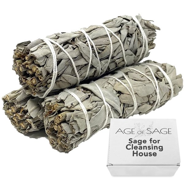 Age of Sage White Sage Smudge Sticks 4" Long - Stress Relief Dried Sage Incense Sticks - Burning Sage Sticks Bundle for Cleansing House Negative Energy - Hand Wrapped White Sage Incense Sticks - 3pk