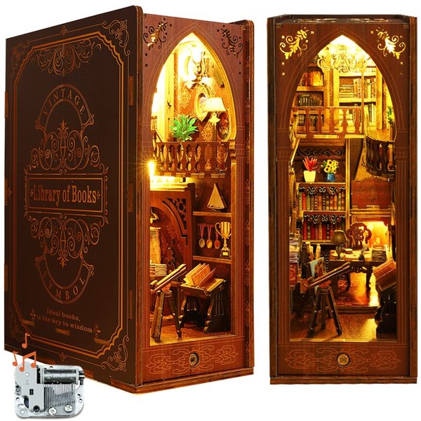 Lannso DIY Book Nook Kit, DIY Dollhouse Booknook, Library Booknook 3D Wooden Puzzle Bookends, Book Nook Miniature Kits with LED Light for Adults(SL6-A)