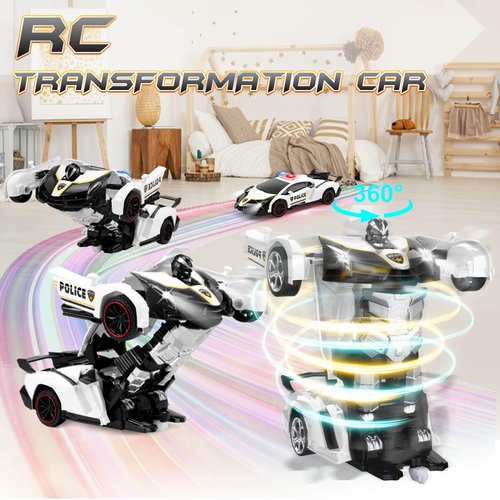 Getatoy Remote Control Car Transformer Toys for Boy 4-6 Years Old: One-Button Transforming Police Car with LED Light & 360° Rotation Drifting 2.4 Ghz Robot RC Car Christmas Birthday Gift Idea for Kids