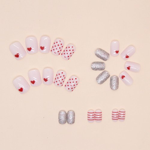 Heart Press on Nails Short Square Fake Nails Petite Pink Valentines Acrylic Nails with Glitter Designs Valentines Day False Nails Cute Wave Point Full Cover Glue on Nails Short Nails for Women 24Pcs