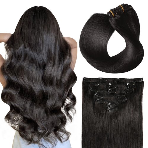 SUYYA Clip in Hair Extensions Real Human Hair 7 Pcs Human Hair Clip in Extensions Straight Remy Human Hair Extensions Clip ins for Women Double Weft 16 Inch #1B Off Black 70G