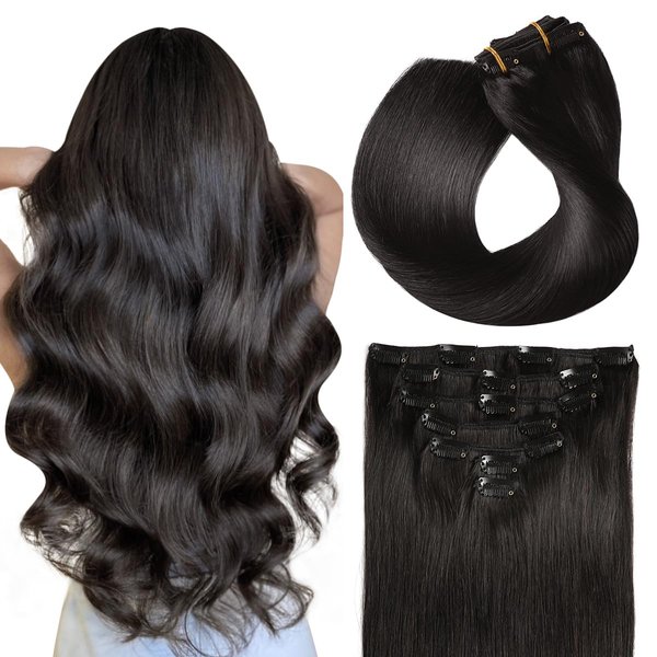 SUYYA Clip in Hair Extensions Real Human Hair 7 Pcs Human Hair Clip in Extensions Straight Remy Human Hair Extensions Clip ins for Women Double Weft 16 Inch #1B Off Black 70G