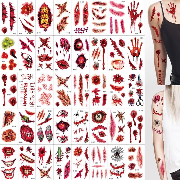 Day of the Dead Tattoos for Halloween Decorations Wound Blood Scar Temporary Tattoos Halloween Party Supplies 40 sheets Body Art Stickers Fake Tattoos for Boys Girls Women Men Cosplay Makeup Props