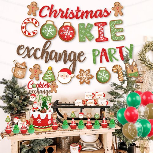 Christmas Gingerbread Baking Cookie Swap Party Decor, Christmas Cookie Exchange Banner Snowflake Elk Cake Topper Balloons for Christmas Cookie Decorating Hot Cocoa Bar Supplies Winter Birthday Party